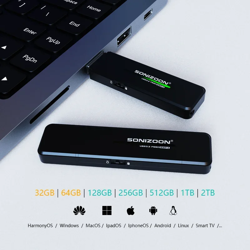 Sonizoon 2TB Solid State USB Flash Drive Type-c/USB3.2 Port Write Protection Antivirus Applicable To Pc,mac,and Mobile Phones: 128M