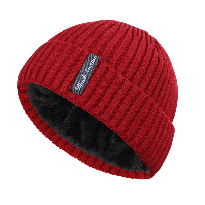 Gorro de invierno para hombre , gorro de punto grueso de terciopelo con etiqueta de letras para invierno para hombre y mujer, gorro grueso para exteriores, grueso, informal para hombre: Wine