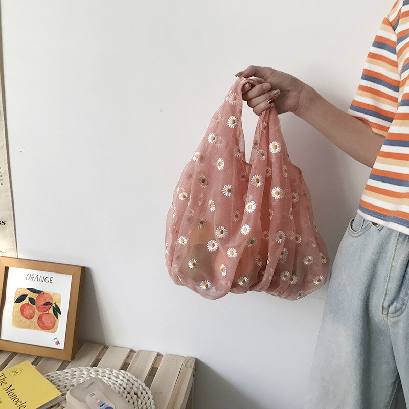 Margarita is embroidered on women's transparent small cloth bag, and mini bag is decorated with high organic fruit: Pink Check Daisy