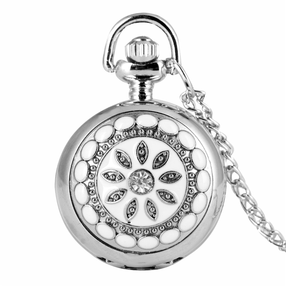 Silver Flower Quartz Pocket Watch Necklace Pendant Women Lady P205