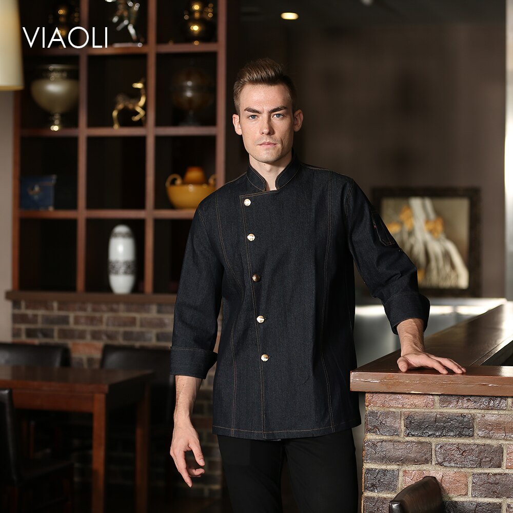 Åndbar unisex guldknap cowboychef jakke skjorte køkken bageri overalls hotel restaurant kok tjener uniform