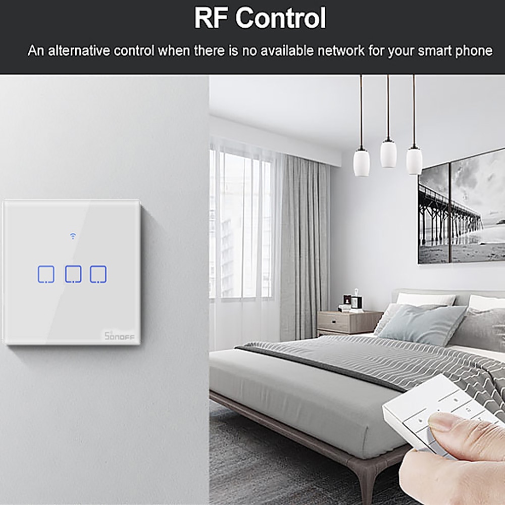 SONOFF T2 UE/Reino Unido 1/2/3/banda Wifi Panel de pared luz enchufe interruptor RF de 433mhz /Touch/eWelink Control remoto inalámbrico Google Alexa