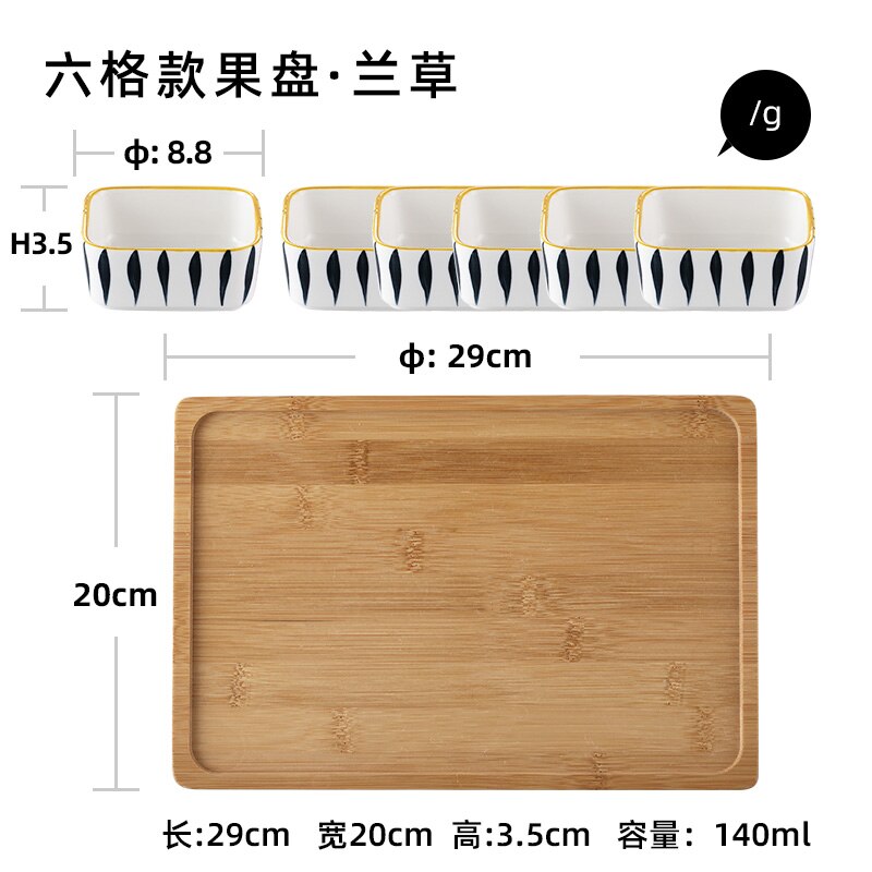 Plato divisor de cerámica para el hogar, bandeja de madera, plato de aperitivos de estilo japonés, con rejilla dividida, plato de fruta seca: M-6PCS