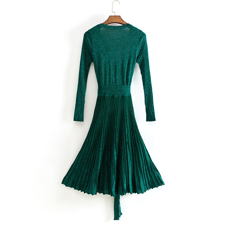 Frühling Plissiert Große Saum V Kragen Hohe Taille Spitze Up Putzer Lurex Gestrickte Elastische Kleid Frauen Neue Vintage Kleidung C-006