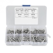 260Pcs/Lot M3 304 Stainless Steel Flat Head Screws Hex Socket Screw Bolts Nuts Kit With Box Assortment Kit nuts and bolts