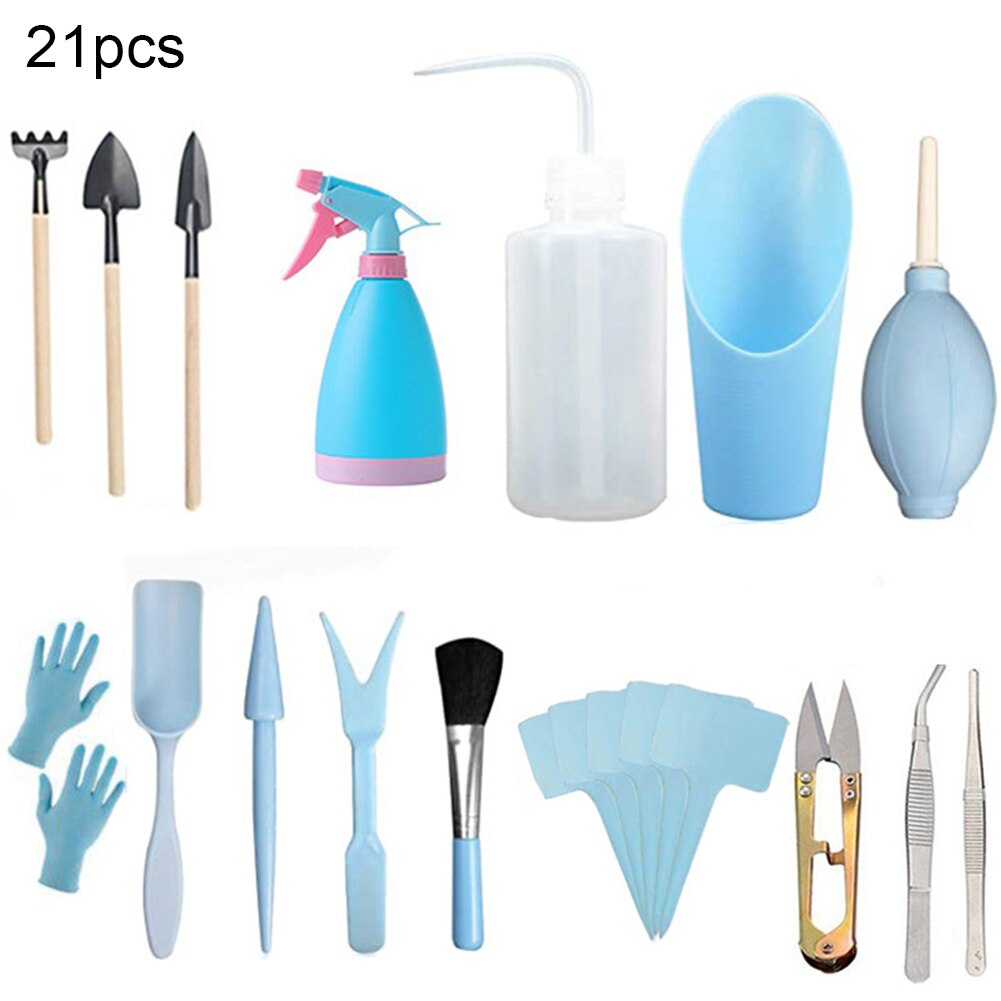 21 pçs/set rega semeadura escavando jardim plantador kit mini casa diy ferramenta clipe planta suculenta transplante: Azul