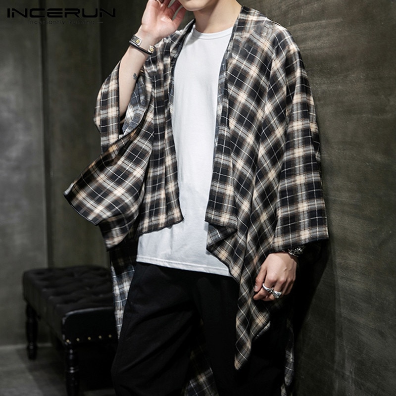 INCERUN, camisa Vintage para hombre, capa a cuadros, puntada abierta, ropa informal suelta, prendas de vestir exteriores , Kimono, Tops, cárdigan de capa Irregular para hombre