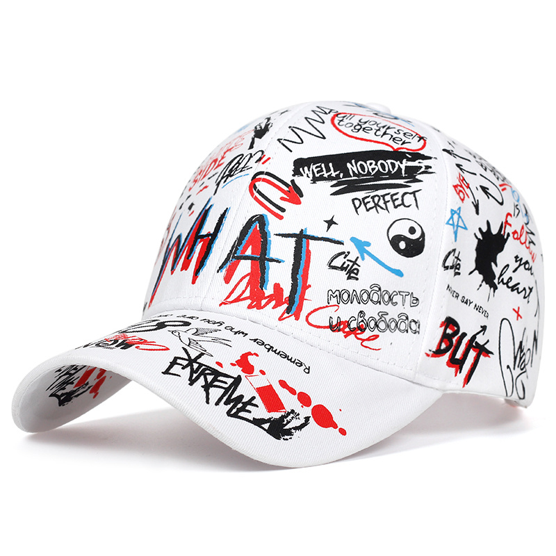 Casquette de Baseball avec impression Graffiti, chapeau d'extérieur en coton pour hommes et femmes, casquettes d'été réglables, chapeaux de loisirs: WHITE