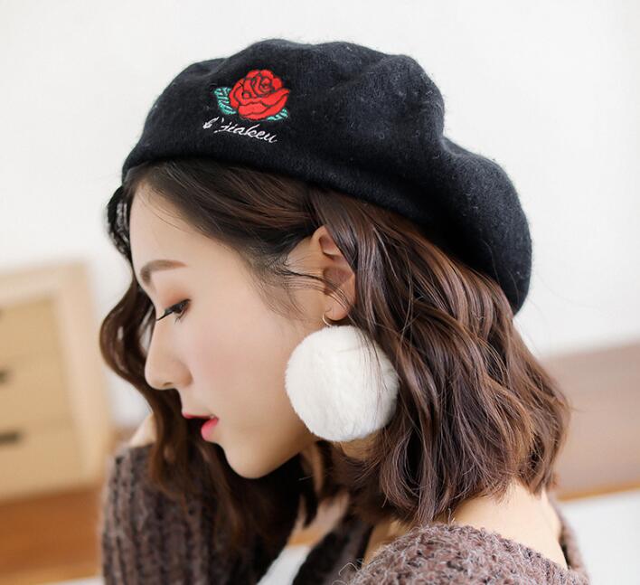 Køligt forår efterår vinter kunstner hue hue kvinder piger maler kasket baret broderi smil ansigt kat rose solid hue baret hat: Rose sort
