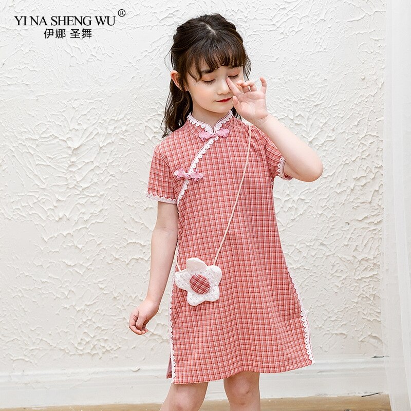 Bébé fille rose/jaune treillis Qipao robe chinois Cheongsam enfants robes en dentelle vêtements robe de princesse porter avec un sac d'enfant