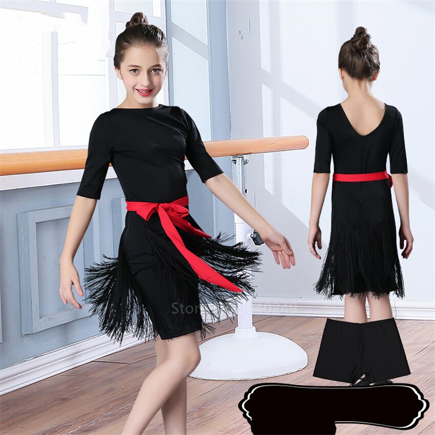 Latinsk dansekjole pige kvast nederdel latinsk salsa børn balsal kjoler halværmet frynser samba karneval kostumer tango børn: Farve 2 / Højde 170cm