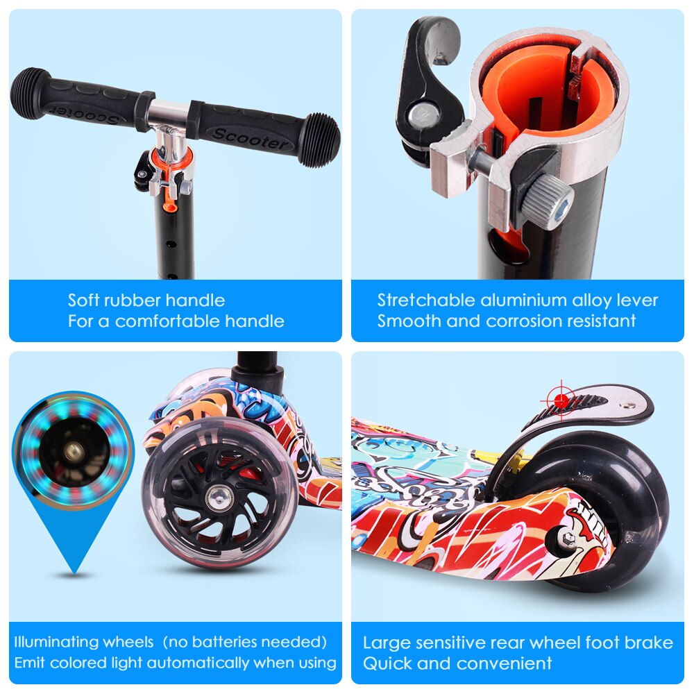 Scooter pieghevole per bambini Scooter a 3 ruote con ruote illuminate Scooter per bambini Scooter leggero regolabile da 3-8 anni