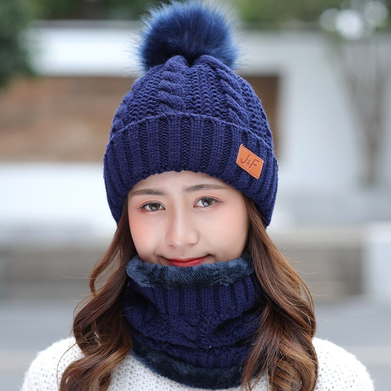 Conjunto de bufanda y sombrero de Invierno para mujer, gorro grueso de algodón, gorro de invierno cálido con anillo, bufanda, sombreros femeninos para niñas, sombrero de pompones