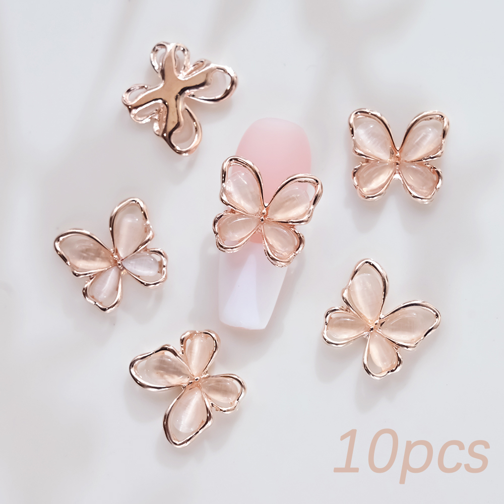 10Pcs Siver White Crystal Butterfly Nail Charms 3D Hollow Cat's Eye Alloy Zircon Nail Gems Luxury Diamond Butterfly Nail Charms: Beige