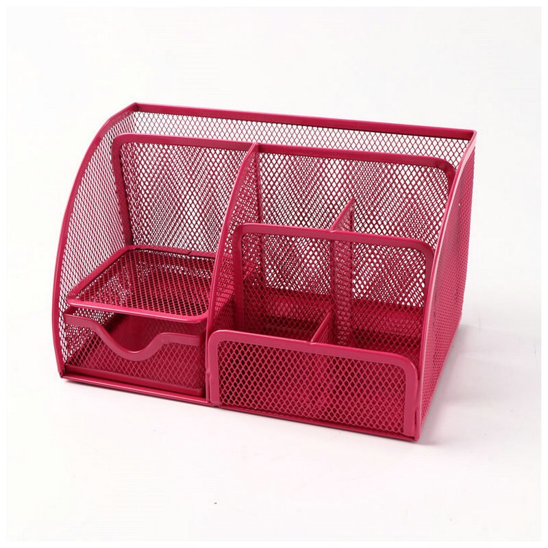 Durable Stationeries Holder Metal Mesh Basket Desk Commodity Organizer With Drawer Colorful Metallic Lacquer: Wine Red
