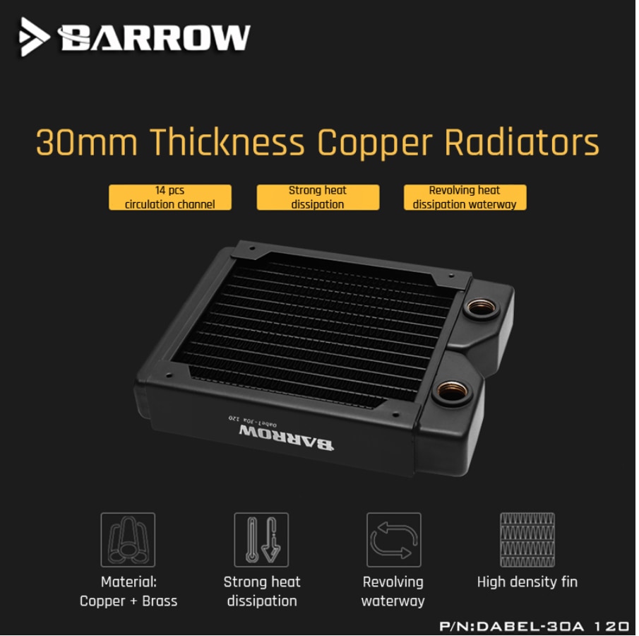 Barrow Dabel-30a-Radiador de cobre 120, canal de circulación adecuado para ventiladores de 120mm, 30mm de espesor, 14 unidades