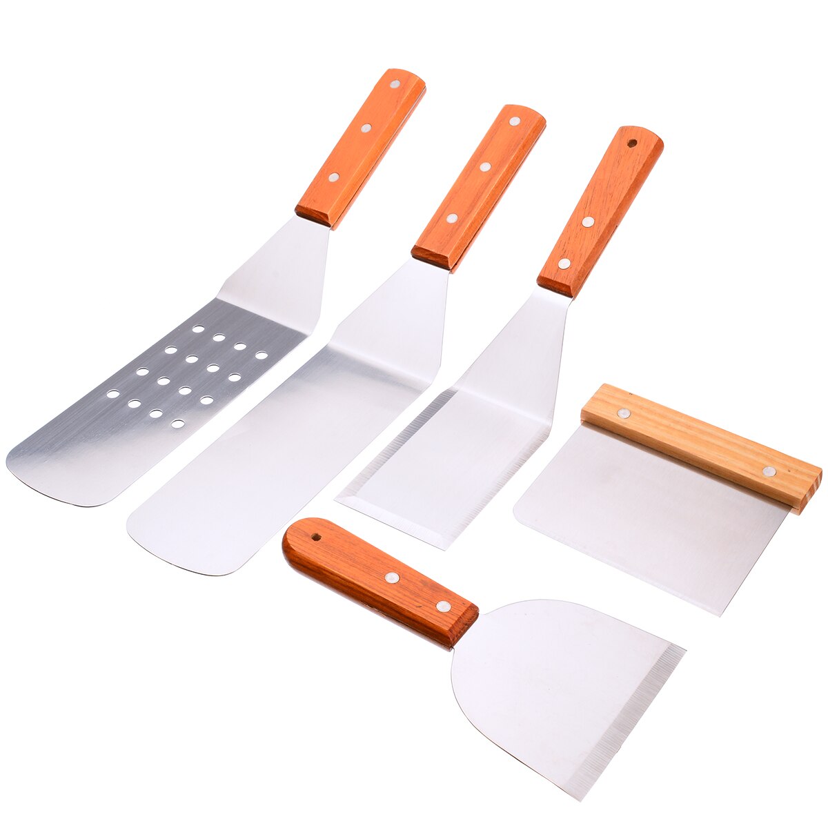 5pcs/set Kitchen Spatula Wooden Handle Grill Turner Stainless Steel Scrape For Pancake Teppanyaki Griddle Cooking Utensil