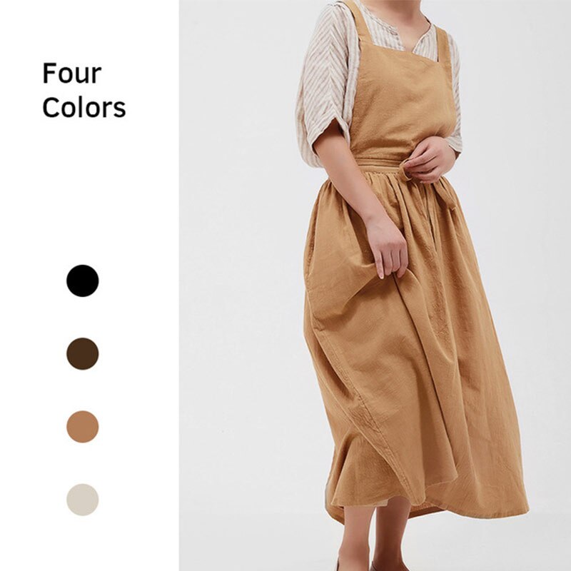 Japanese Apron Pinafore Dress Korean Work Gown Apricot with Long Waist Tie for Women Kitchen Cooking Baking Robe TJ3648