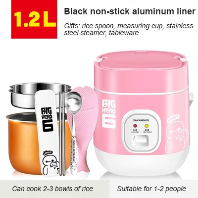 1.2l / 1.8l mini elektrisk ris komfur 2 lag opvarmning mad damper multifunktion mini måltid madlavning pot 1-2 personer madkasse: Lyserød -1.2l-03