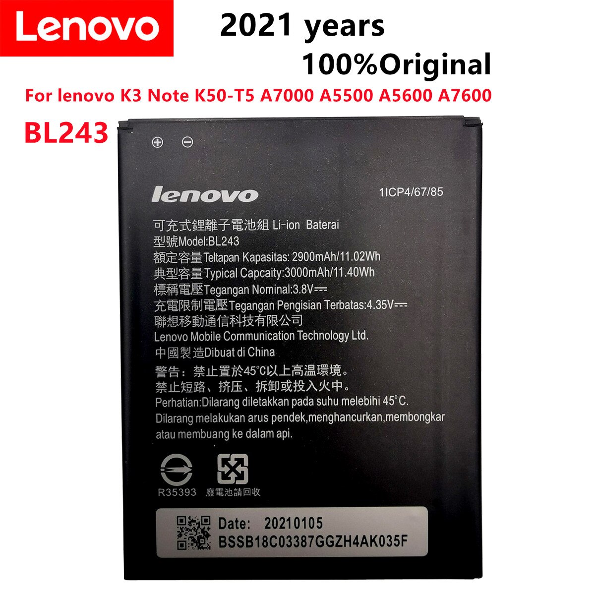 BL243 BL210 BL259 BL242 batería para lenovo K3 K30-W K30-T A6000 A3860 A3580 A3900 A6010 A6010 Plus batería acumulador: BL243