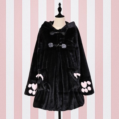 Abrigo de felpa estilo universitario japonés de invierno de lolita dulce, grueso, lindo, con botones de cuerno de gato, abrigo mediano largo, abrigo de chica kawaii loli: Negro