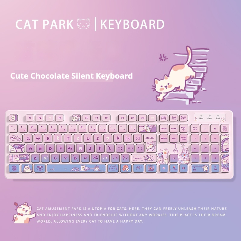 Cat K190 Membrane Keyboard 104 Keys Wireless Bluetooth Wired Silent Waterproof Cute Cartoon Theme Female Office High Aesthetics: Olive