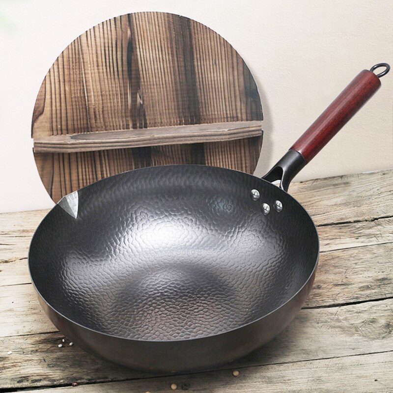 Fypo 32Cm Ijzeren Wok Handgemaakte Ijzeren Pan Huishouden Koekenpan Non-stick Pan Gasfornuis Inductie Fornuis Universele hout Cover Ijzeren Wok