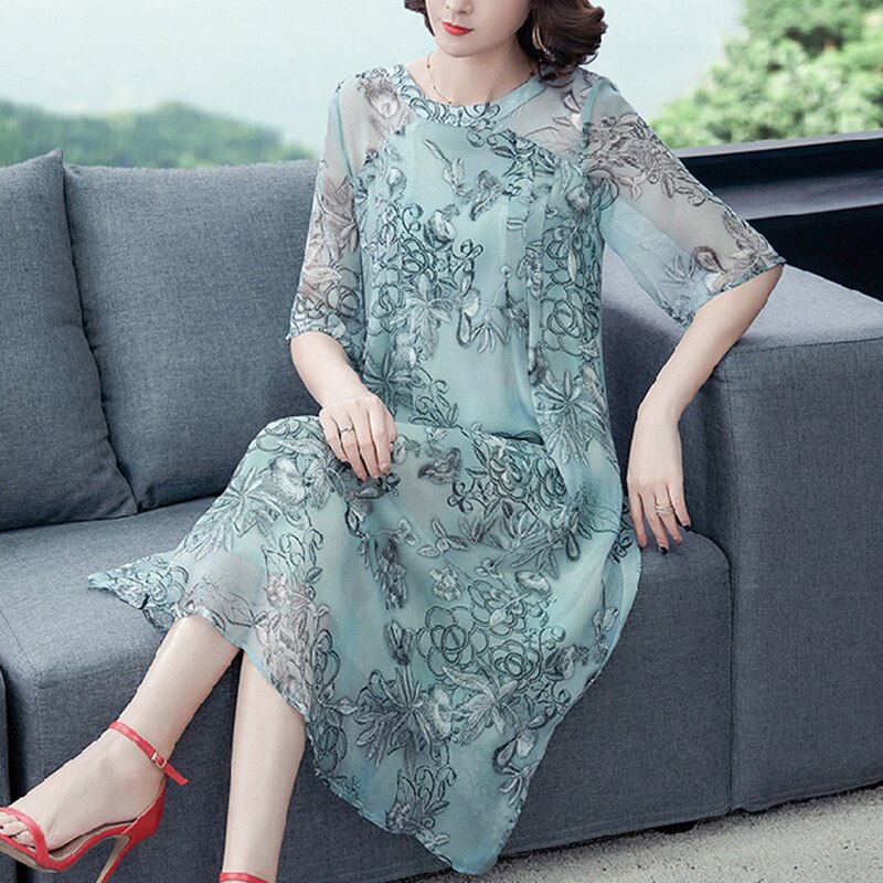 Vestido Midi veraniego de seda de mora para mujer, vestido veraniego de talla grande 4XL, informal, verde, Floral, ceñido, para , 2022