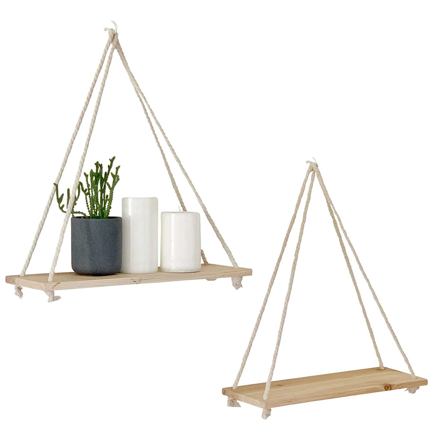 Træ væg hængende hylde swing hængende reb vægmonterede flydende hylder plante blomsterpotte træ rack indendørs udendørs dekoration: Hvid
