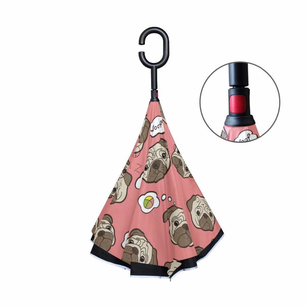 Pug Dog Windproof Reverse Folding Double Layer Inverted Umbrellas Self Stand Rain Sun Protection C-Hook For Car