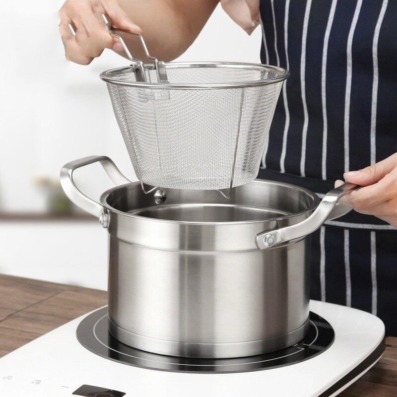Frying Cooking Tools Stainless Steel Folding Deep Fried Basket Frying Pan Filter Food Colander. Oil Leak. Cocoa Sieve MJ80303