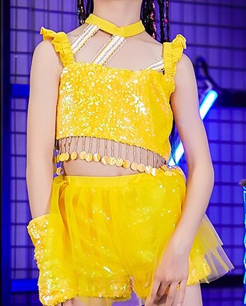 Taniec biodro chmiel kostiumy dziewczyny żółty cekiny cheerleaderek wydajność zestaw taniec uliczny ubrania dzieci jazz etap nosić DNV13414: 160cm