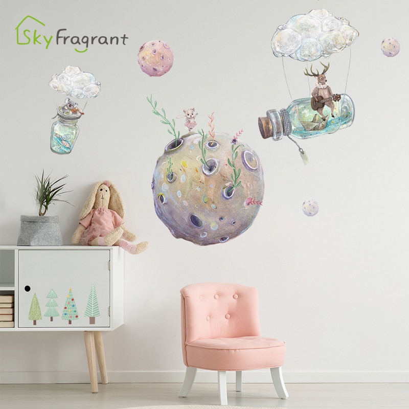 Planeta , decoración de habitación de niños, pegatinas de animales de dibujos animados para pared, pegatina infantil para dormitorio de bebé, autoadhesiva para decoración del hogar