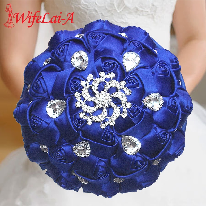 Wifelai-Een Prachtige Bruiloft Bloemen Royal Blue Zijden Lint Rose Bruidsboeketten Holding Bloemen Met Crystal Buque De Noiva w291