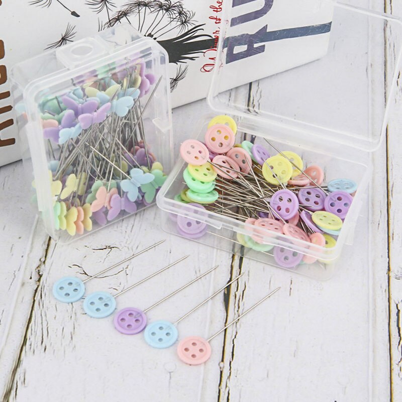 Pin de posicionamiento para manualidades, alfiler de cabeza plana en caja con bordado de dibujos animados, accesorios de costura, alfileres de mosaico bordados, 100 Uds.