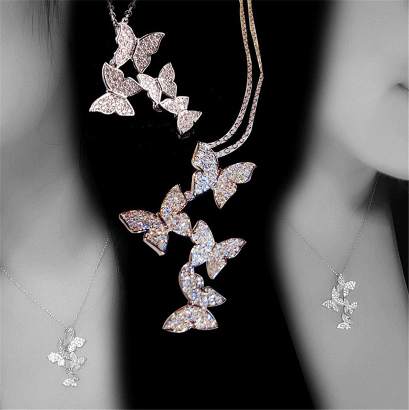 Lange Vlinder Hanger Aaa Zirkoon Cz 925 Sterling Zilveren Statement Bruiloft Hangers Met Ketting Voor Vrouwen Bridal Jewelry