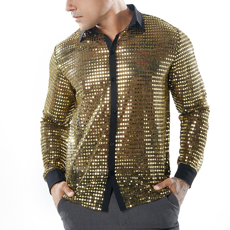 Discothèque sexy paillettes hommes chemise évider punk blouse décontractée chanteur scène costume homme or noir chemise à manches longues