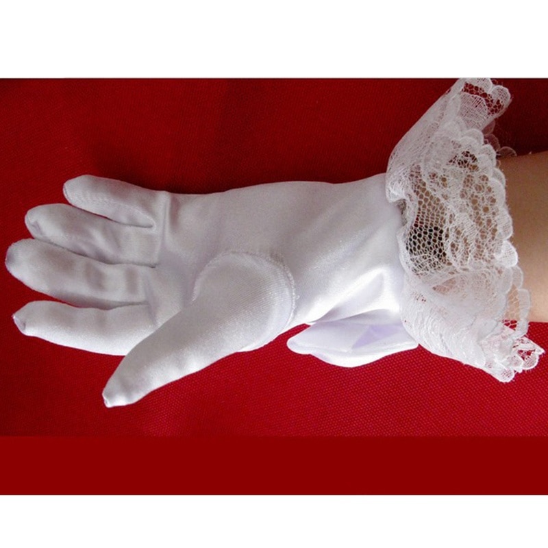 Hvide børn blonder satin fuld finger korte handsker til blonder perle pige børn fest kjole handsker