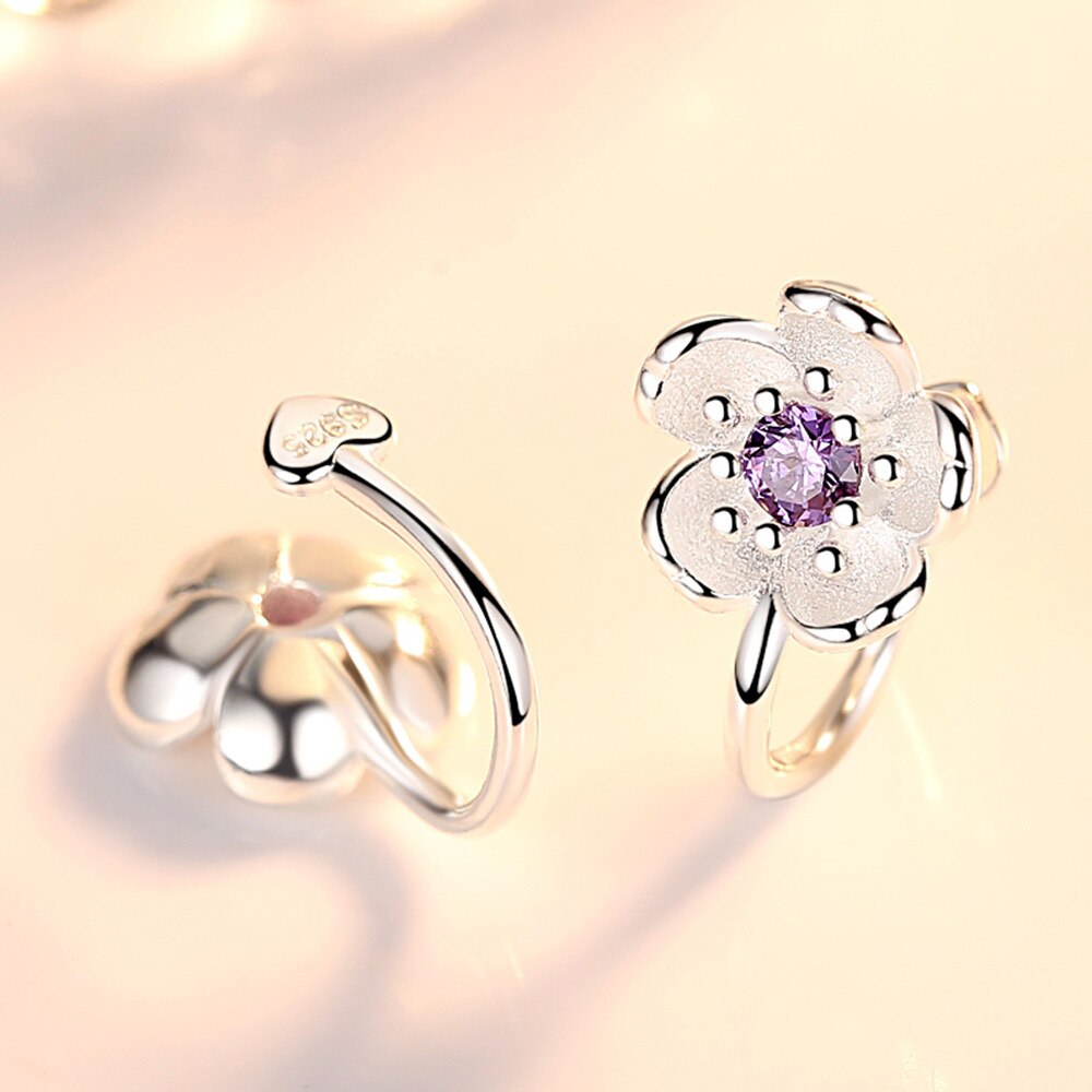 Korea Style Crystal Cherry Blossom Flower Clip on Earrings Without Piercing for Girls Party Sweet Silver Color No Hole Ear Clip: silver purple