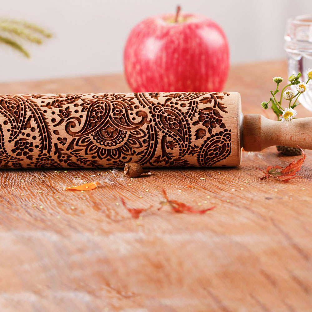 1 pcs Wooden Sunflower Embossed Rolling Pin with Pattern for Kitchen Pastry, Baking Tools, Deep Engraving Cookies Stamp Tool