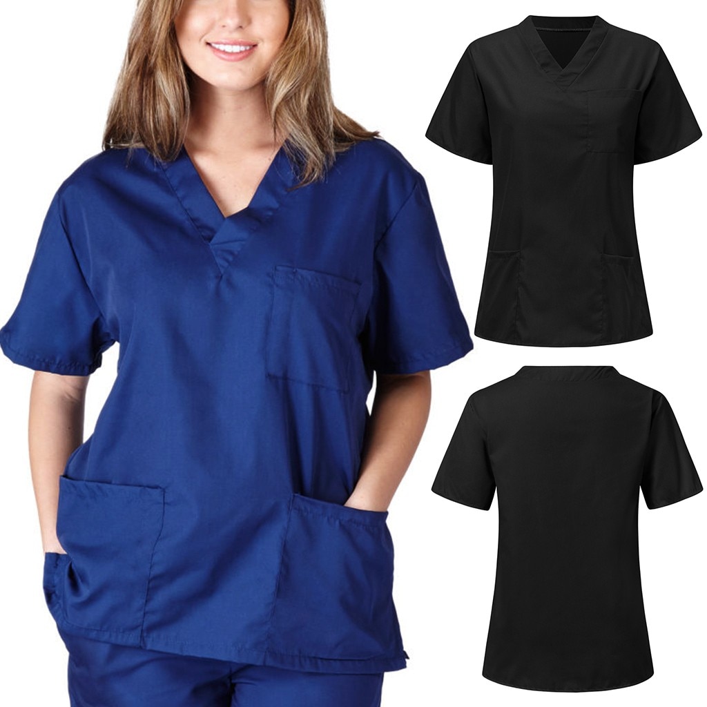 Men Women Short Sleeve V-neck Nursing Uniform Blouse Scrub Tops with Pocket nurse accessories uniform