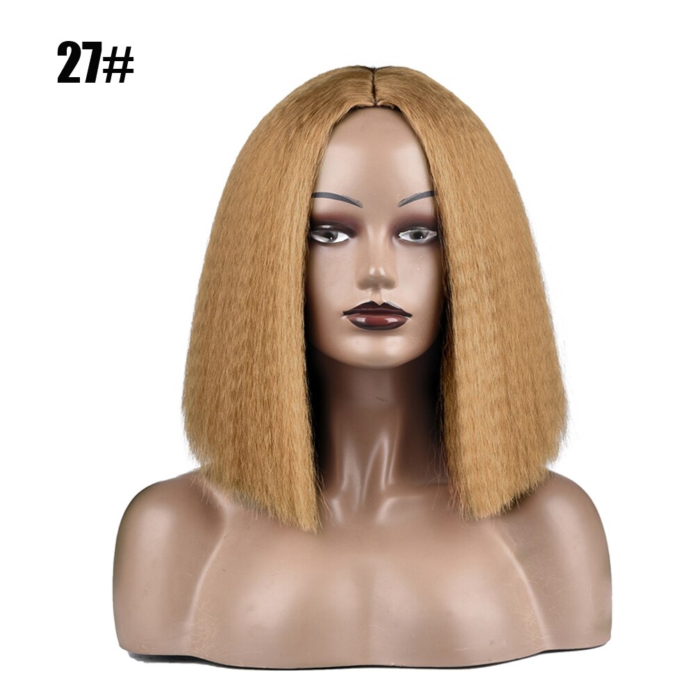 Afro Kinky Straight Bob Wigs Synthetic High Temperature Fiber Hair Yaki Straight Curl Medium Length Wigs For Women 14Inch: 27