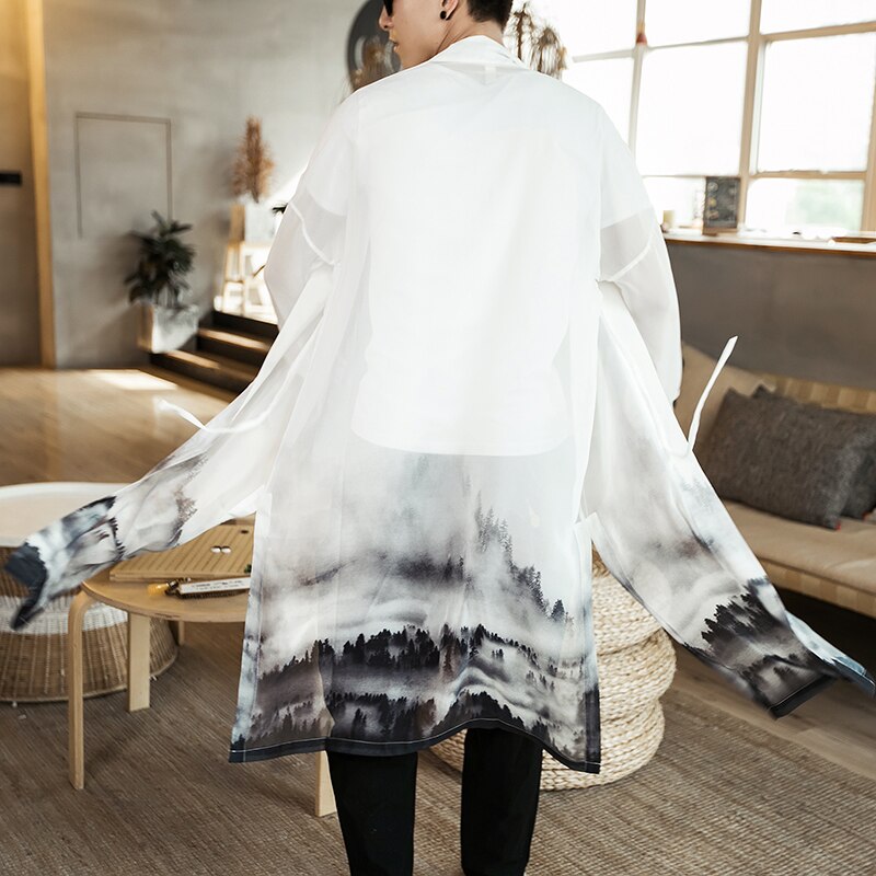 sommer Chinesischen Stil Langes Kleid Traditionellen Kleidung Strickjacke Hanfu Männer Eis Seide Windbreaker Plus Größe Mantel Jacke Männlich