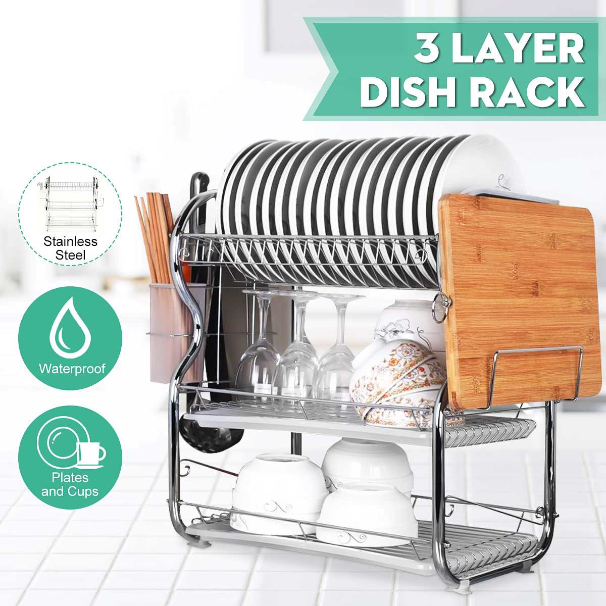 3 Layer Chrome Alloy Kitchen Over Sink Dish Drying Rack Insert Storage Organizer Drainer Cutlery Holder Drip Kitchen Storage