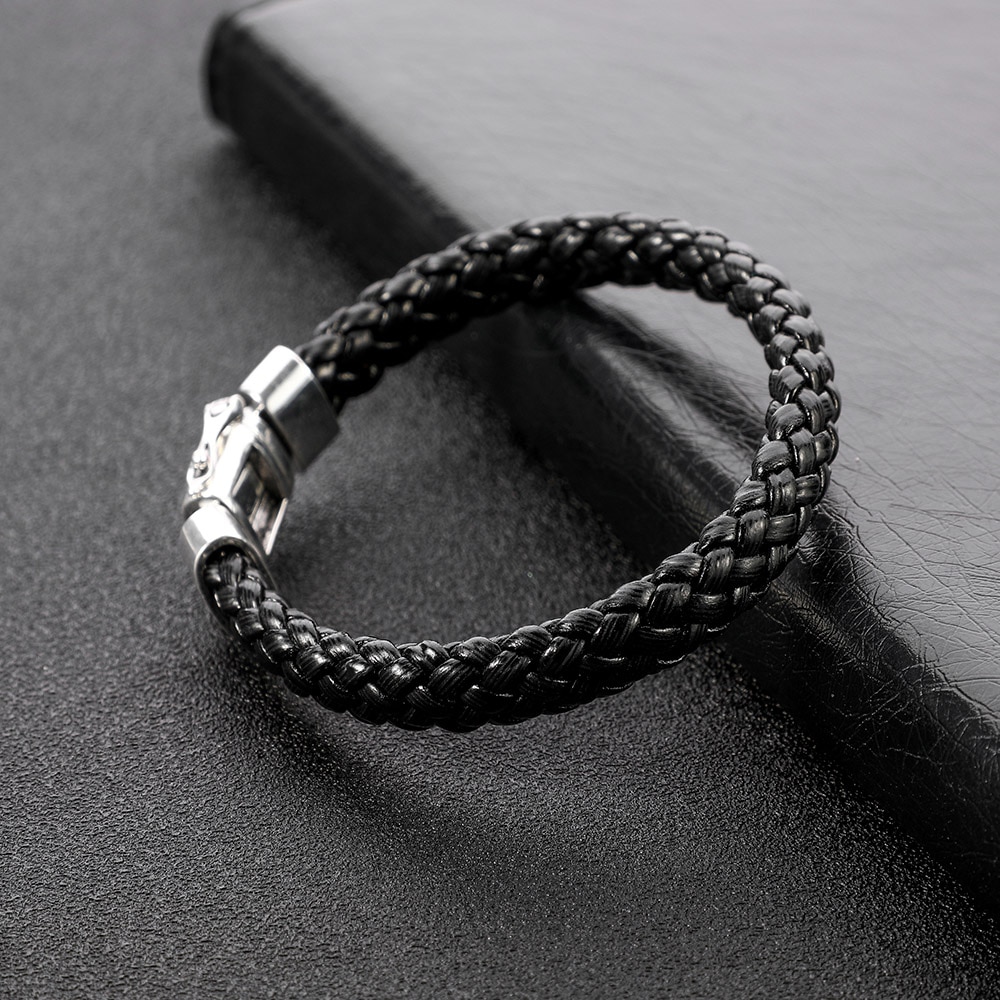 925 Silver color Men Jewelry Buddha Bracelet Wristband Punk Black Braided Leather Bracelet for Men Safty Clasp Bangles: C / 18.5cm