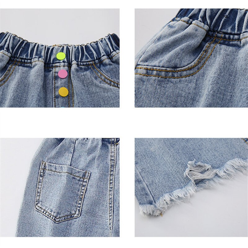 Pantaloncini di jeans per ragazze bottone a colori pantaloncini strappati estivi abbigliamento per bambini pantaloncini per bambini distrutto per adolescente 5 6 7 8 9 10 11 14 anni