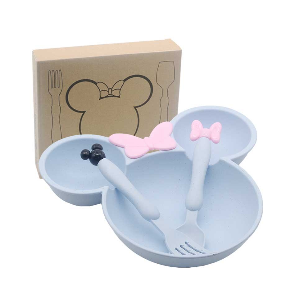 Baby Tableware Children's Tableware Green Cartoon Feeding Dish Fruit Bread Dessert Children Training Tableware: 3pcs blue box