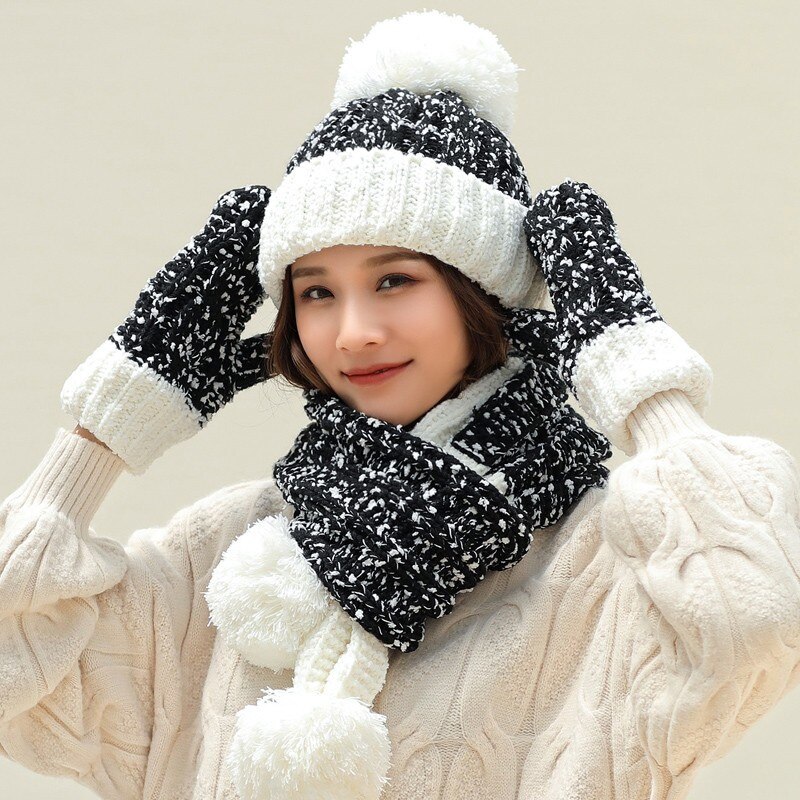 Drie Stuk Hoeden Sjaal Handschoenen Set Voor Vrouwen Hoed Herfst Winter Warm Mitten Pompom Gebreide Hoed Gilr Knit sjaal Sets: Black