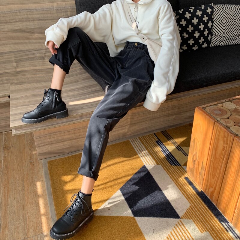 Jeans feminino preto em linha reta vintage lavado calças compridas rua wear all-match baggy outono moda ulzzang lazer adolescentes retro