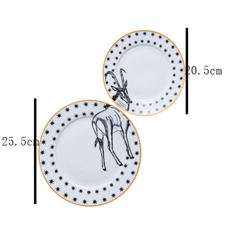 2 Pcs 6&8 Inch Animal Combined Plates Set Ceramic Plates Fox Elk Giraffe Zebra Pattern Plates Steak Breakfast Cake Fruits Dish: C